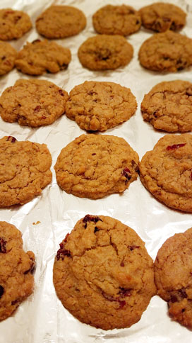 cherry chocolate oatmeal cookies out of the oven