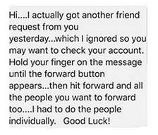 text of spam message I actually got another friends request from you yesterday which I ignored so you may want to check your account