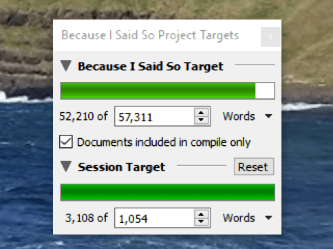 project and session targets sample from Scrivener